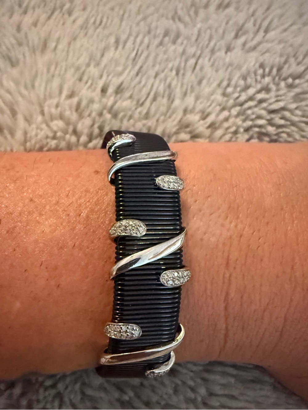 Sterling Silver Affinity Diamond Black Cuff with Wrapped Diamond Accent